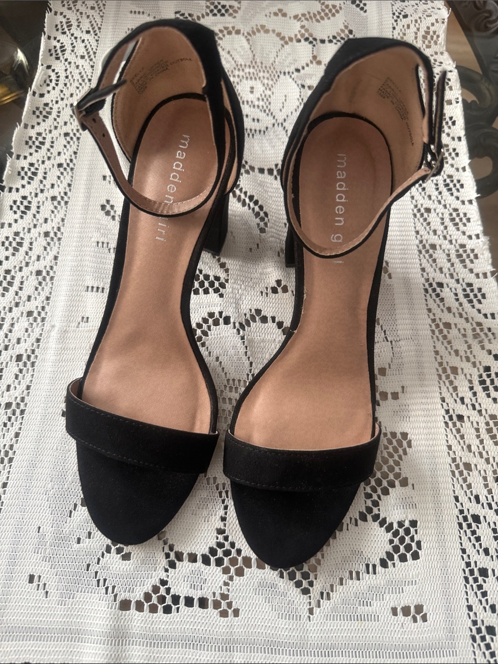 Madden Girl Black Suede Open-Toe Ankle Strap Block Heels